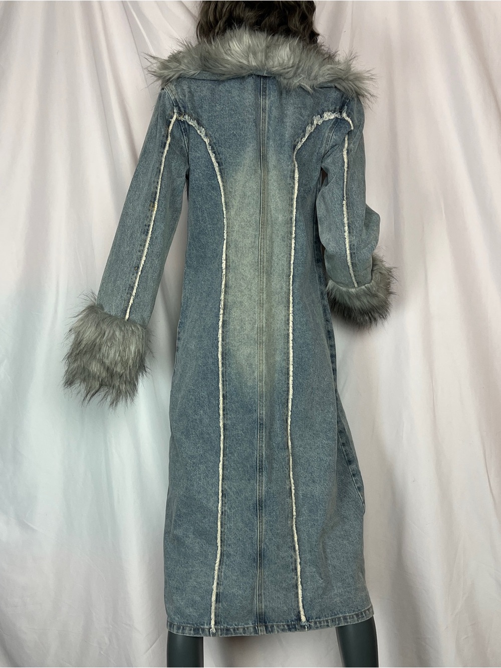 Charmed Off Beat Light Blue & Grey Wash Denim Maxi Coat - Picture 5 of 6